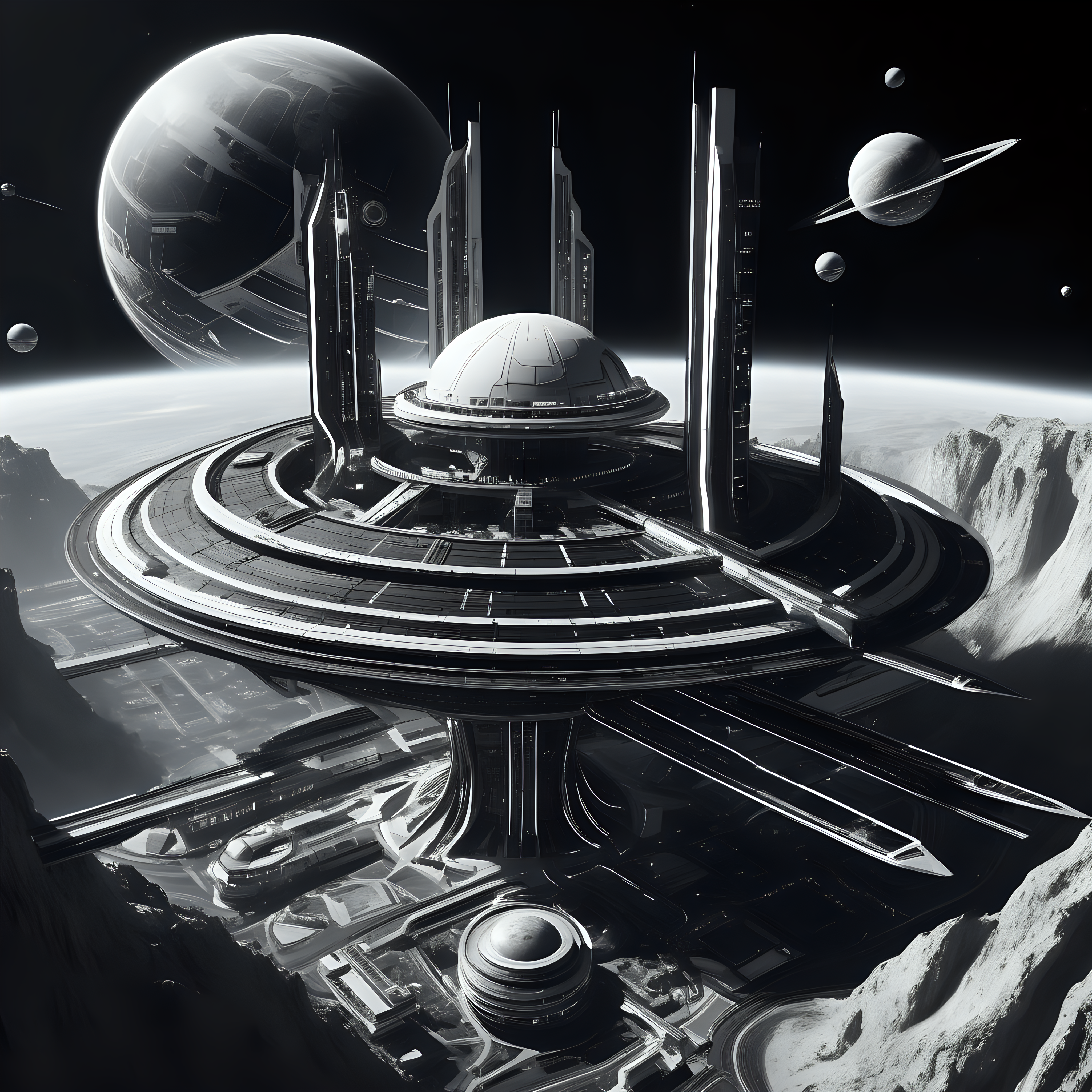 black and white futuristic space station in orbit of a planet covered in one city
