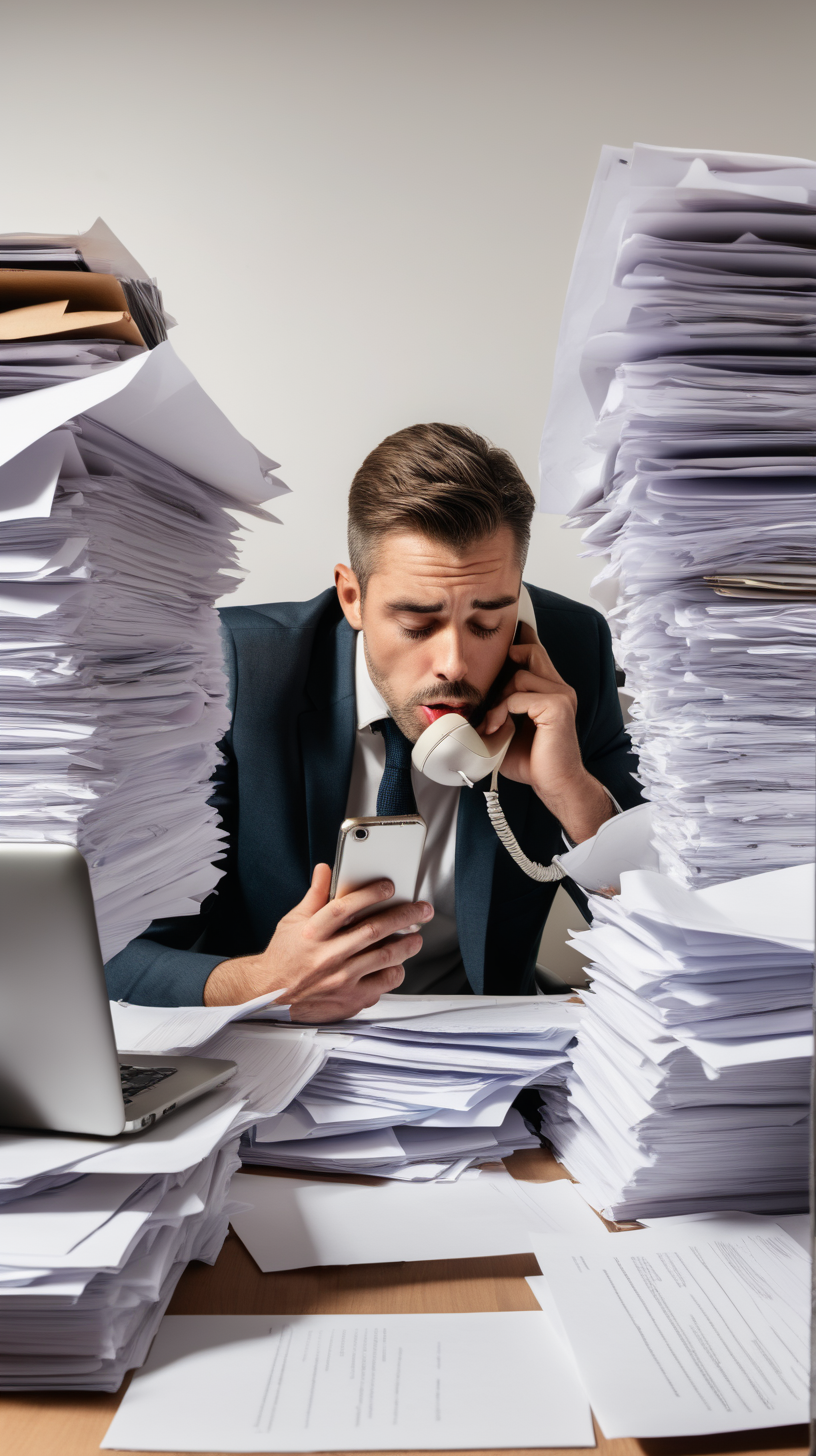 Man with lots of papers on his desk, kissing his phone.