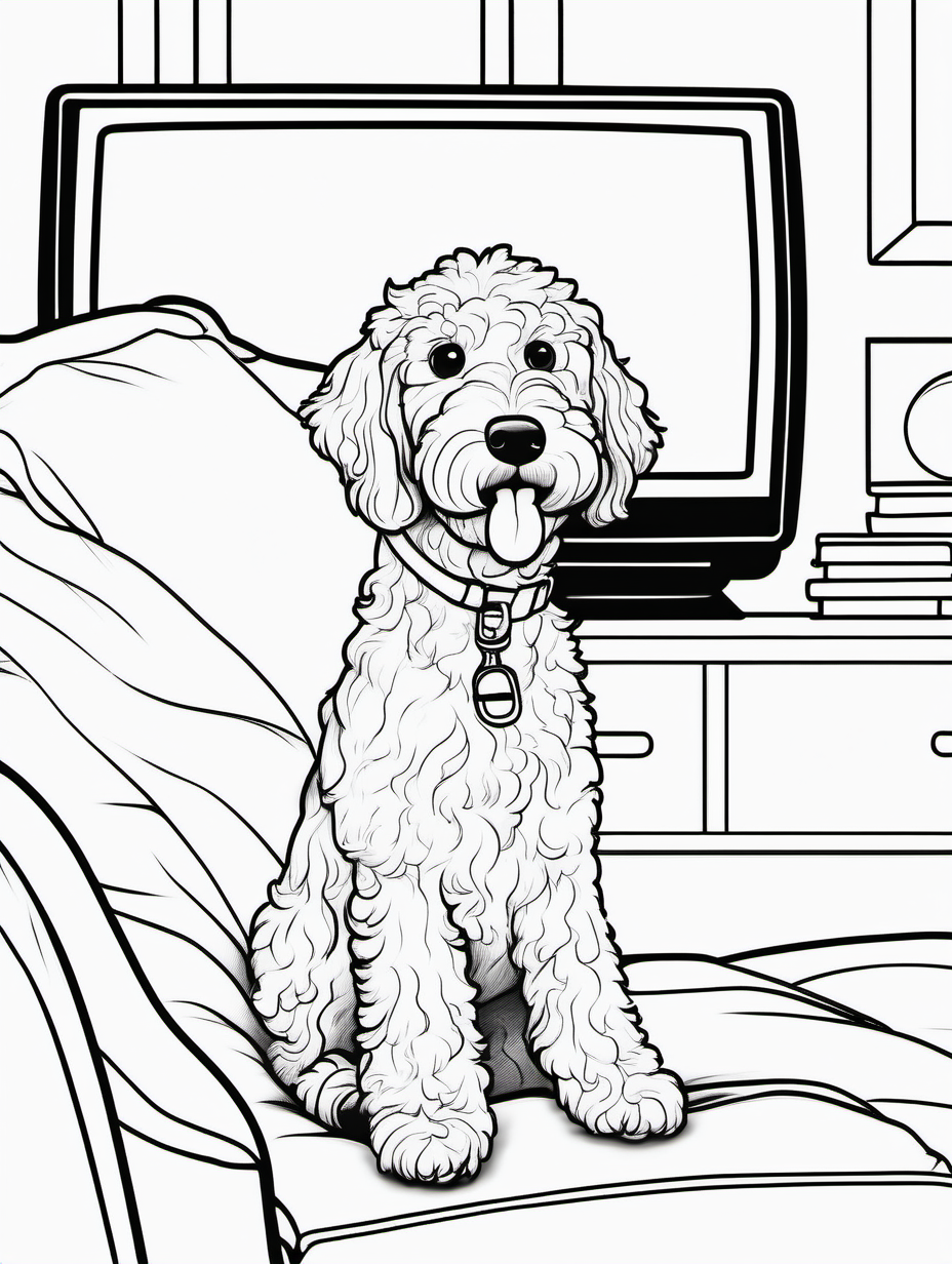 Cute female golden doodle watching TV for a coloring book with black lines and white background