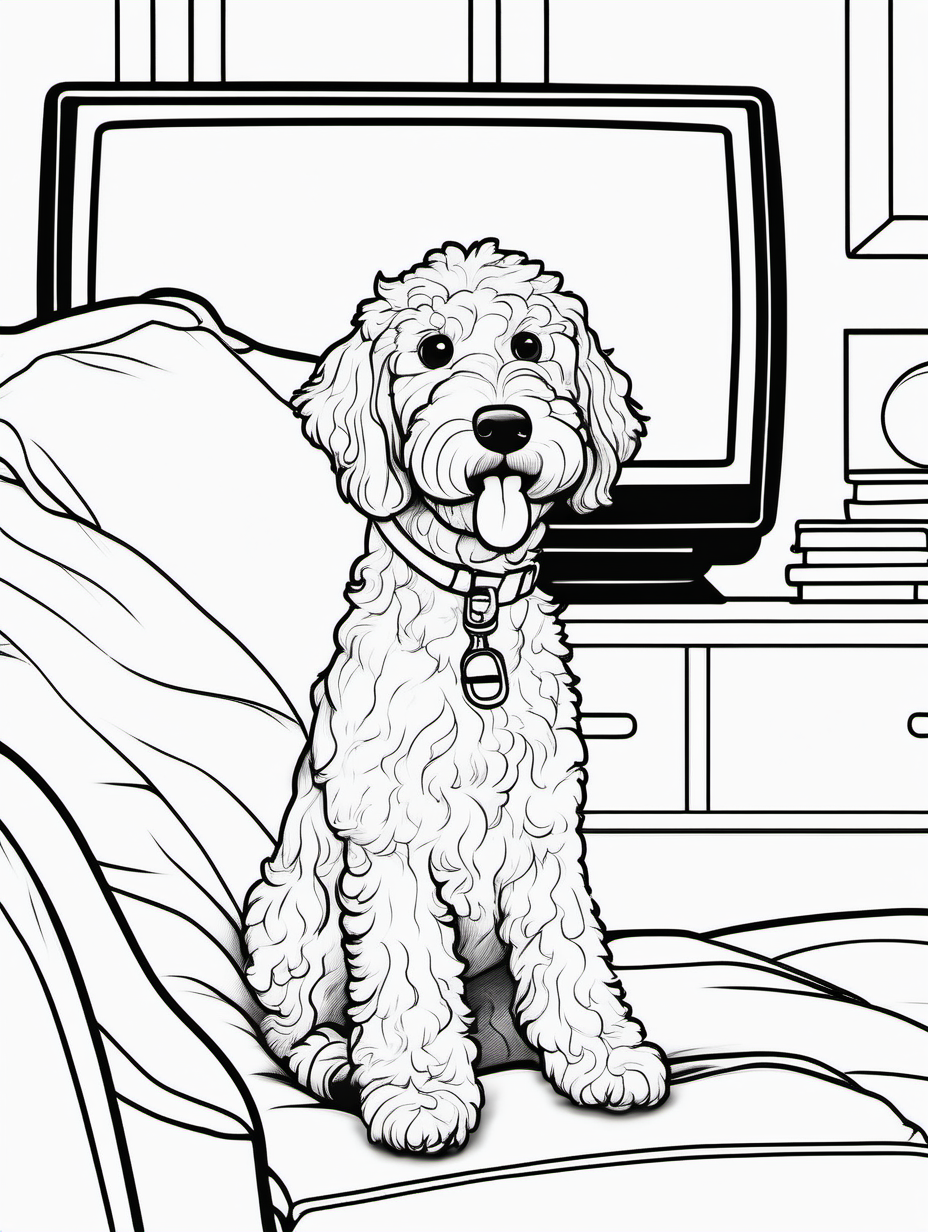 Cute female golden doodle watching TV for a