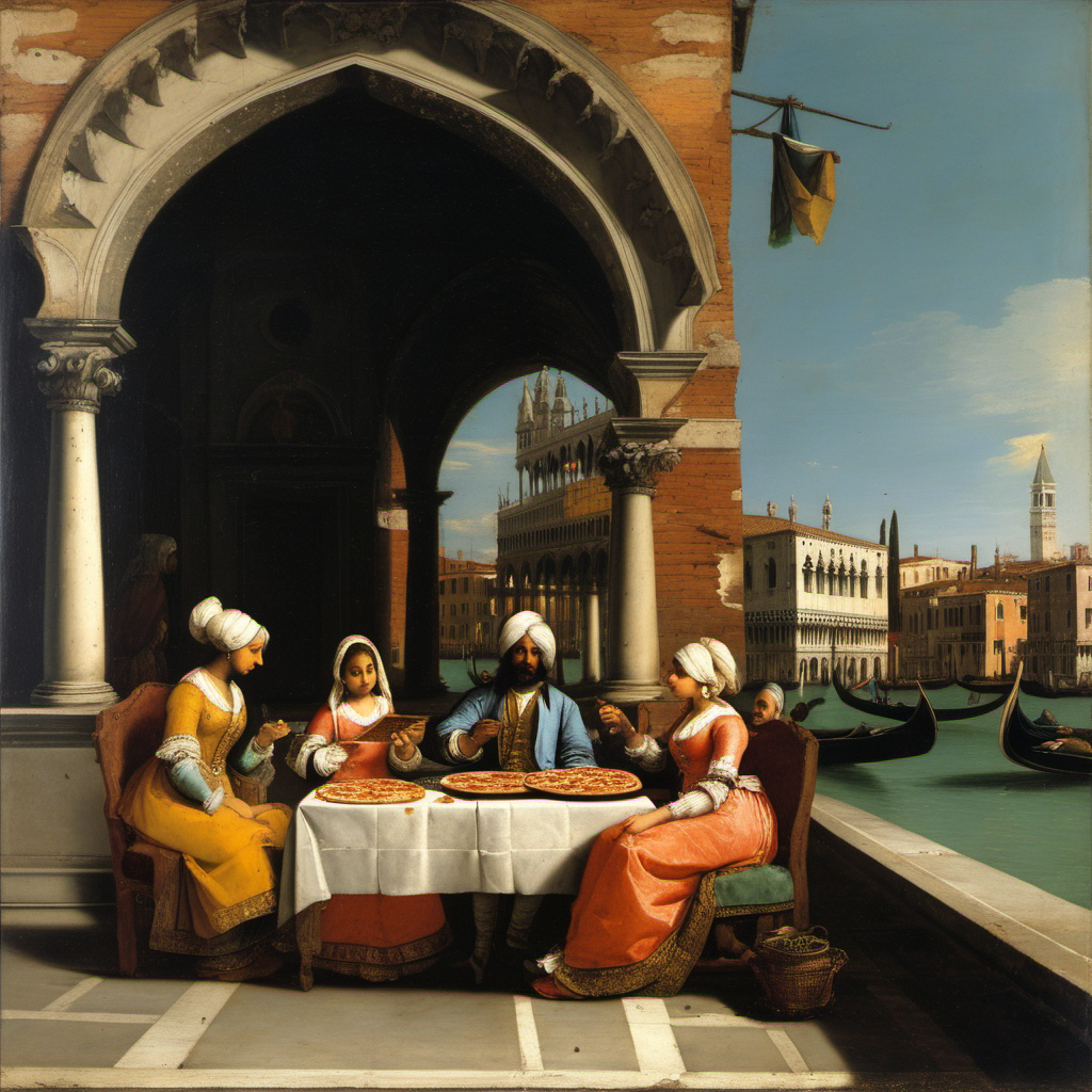 Indian parents and their two daughters eating pizza in Venice, Giovanni Antonio Canal (Canaletto) oil painting