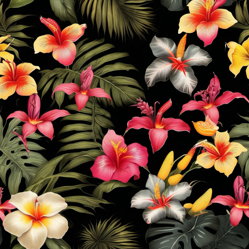 black background with tropical floral pattern of smaller various tropical flowers 