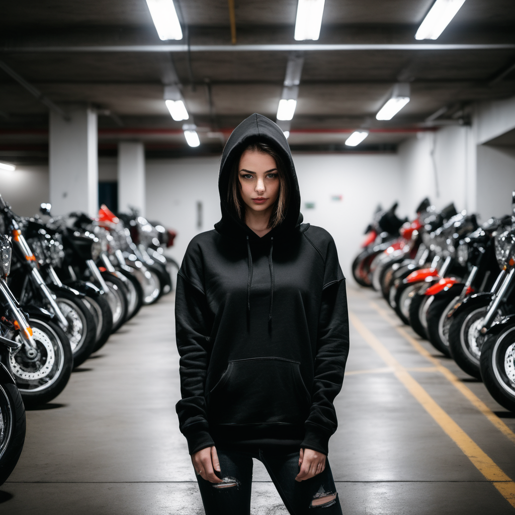 girl with plain black hoodie in parking garage full of motorcycles