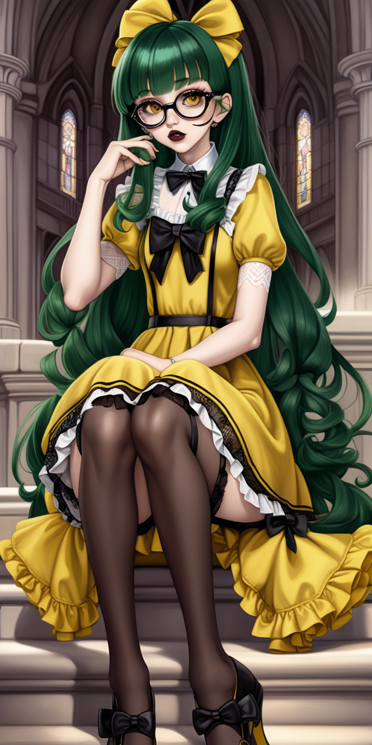 Anime woman with dark green hair and large lips with glossy dark brown lipstick and heavy makeup wearing a frilly yellow dress, black stockings, yellow heeled mary jane shoes, lots of bows and lace, wearing glasses. Nervous expression. Sitting nervously church