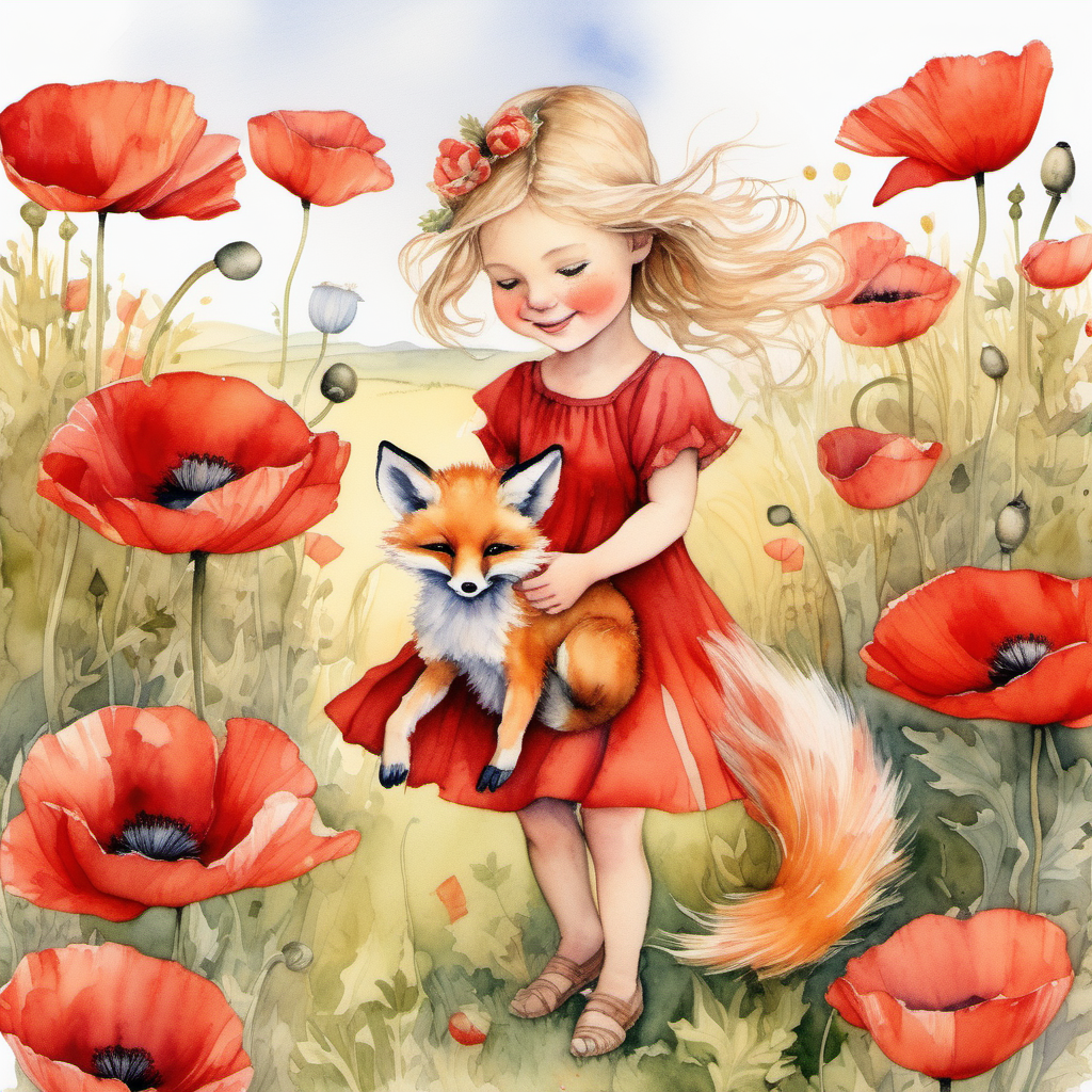 a watercolor poppy flower fairy in the style of Cicely Mary Barker dressed in a poppy skirt and poppy red top playing with a cute baby red fox in a field full of brightly colored poppies.  