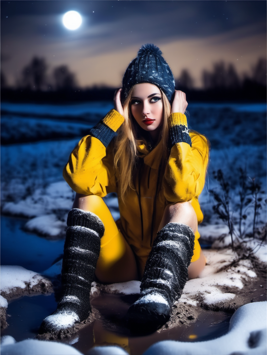 Night, only yellow moon. Deep winter in country side, deep snow and mud.
hOT GIRLwearing SWIMWEAR ,KNITTED SOCKS AND rubber low boots sitting in mud. 