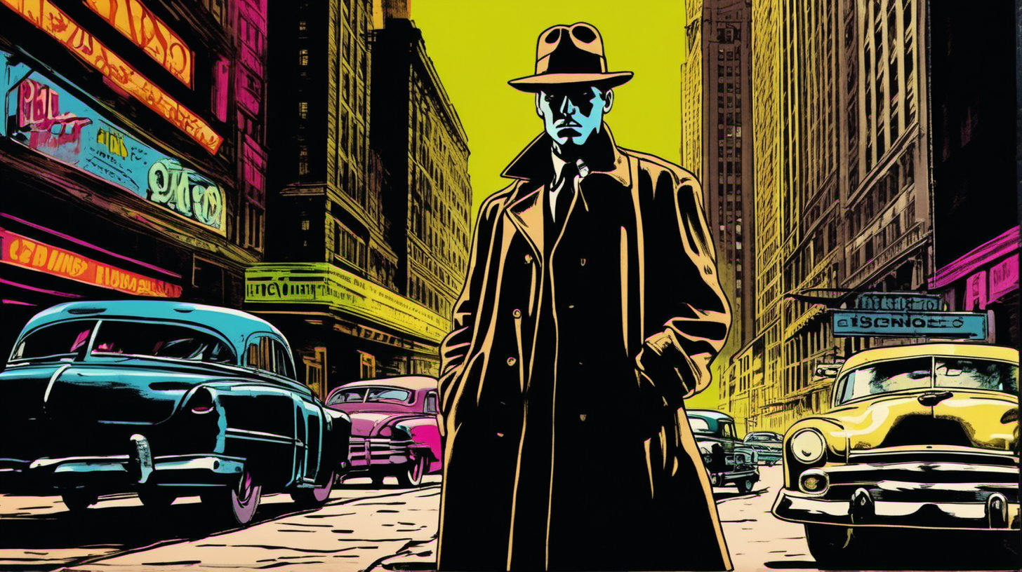 A man in the foreground with a revolver, wearing a trenchcoat and fedora, staring at the camera on a downtown neon Chicago street, circa 1950. Pop Art style.