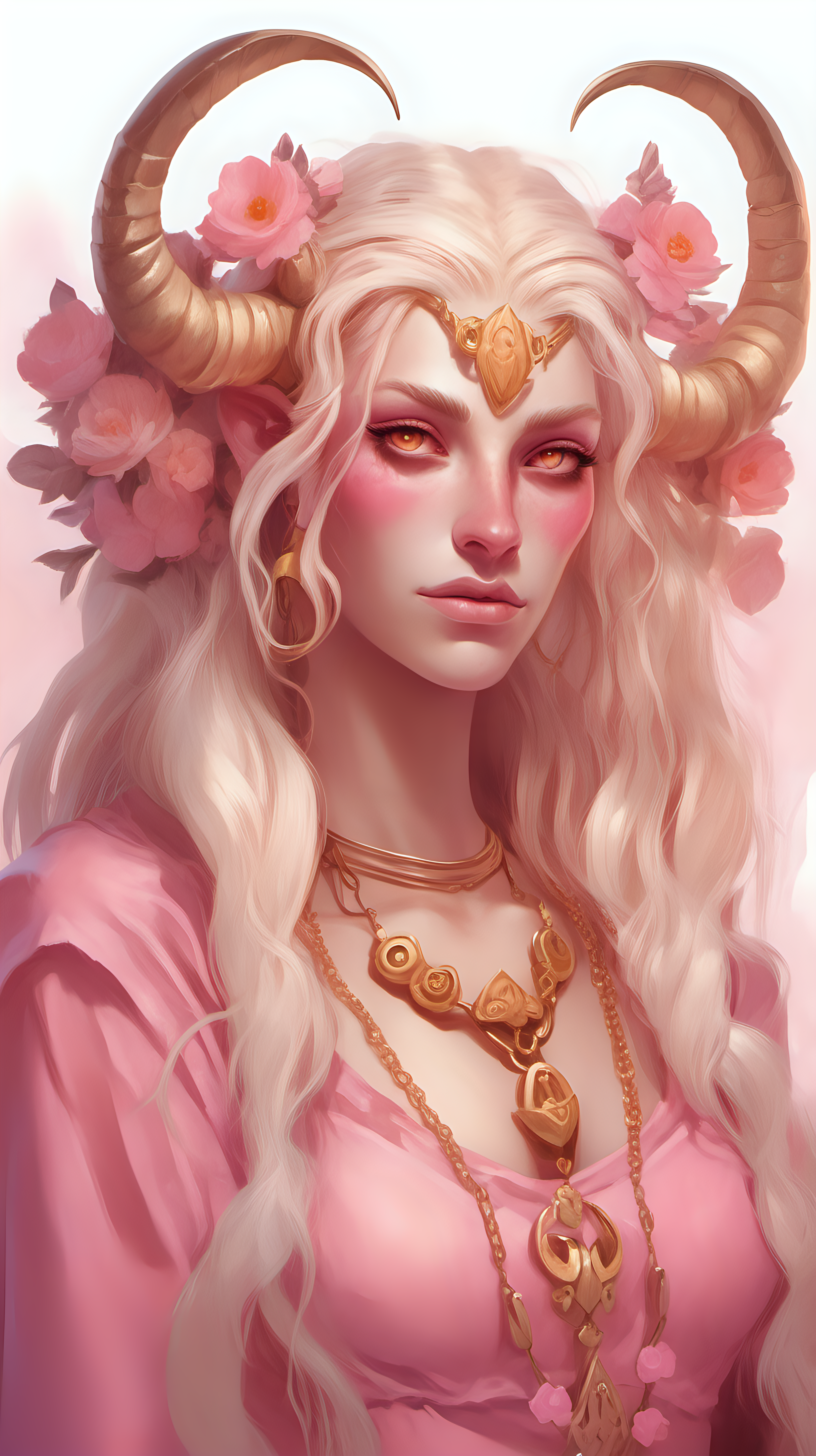 Pink skinned tiefling woman She has white horns