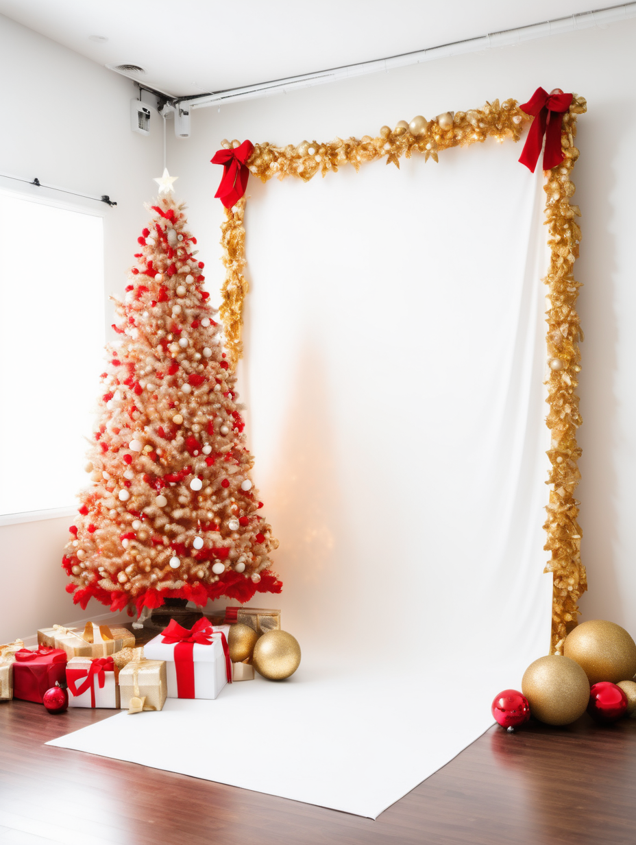 gold and white and red christmas photo studio set up without lights
