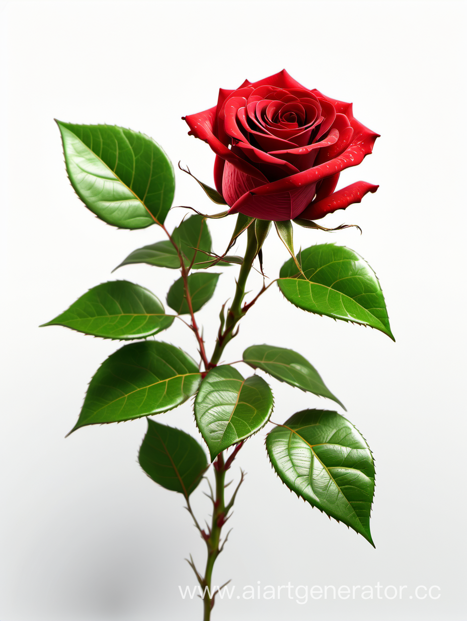 Red Rose 4k hd  with fresh lush green leaves on white background