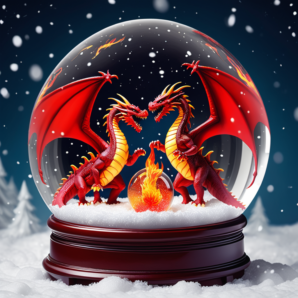 red 2 headed fire breathing dragon in a snow globe