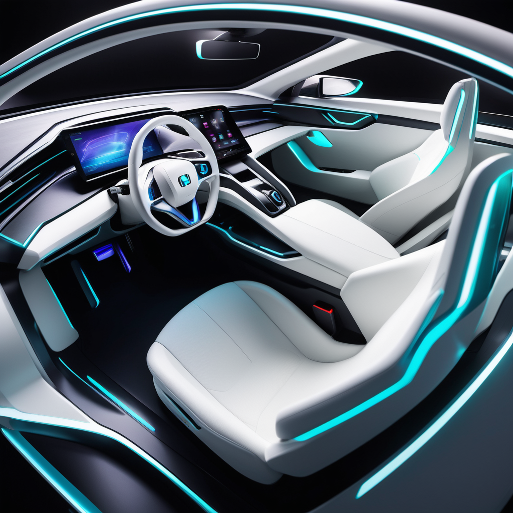 EV car interior concept, ambient light,  top view , front and rear seat, sport Avantgarde 2030, nearly ,interior concept, Futuristic Honda car, White steering wheel, Big space,Ambient light, connected trim line.