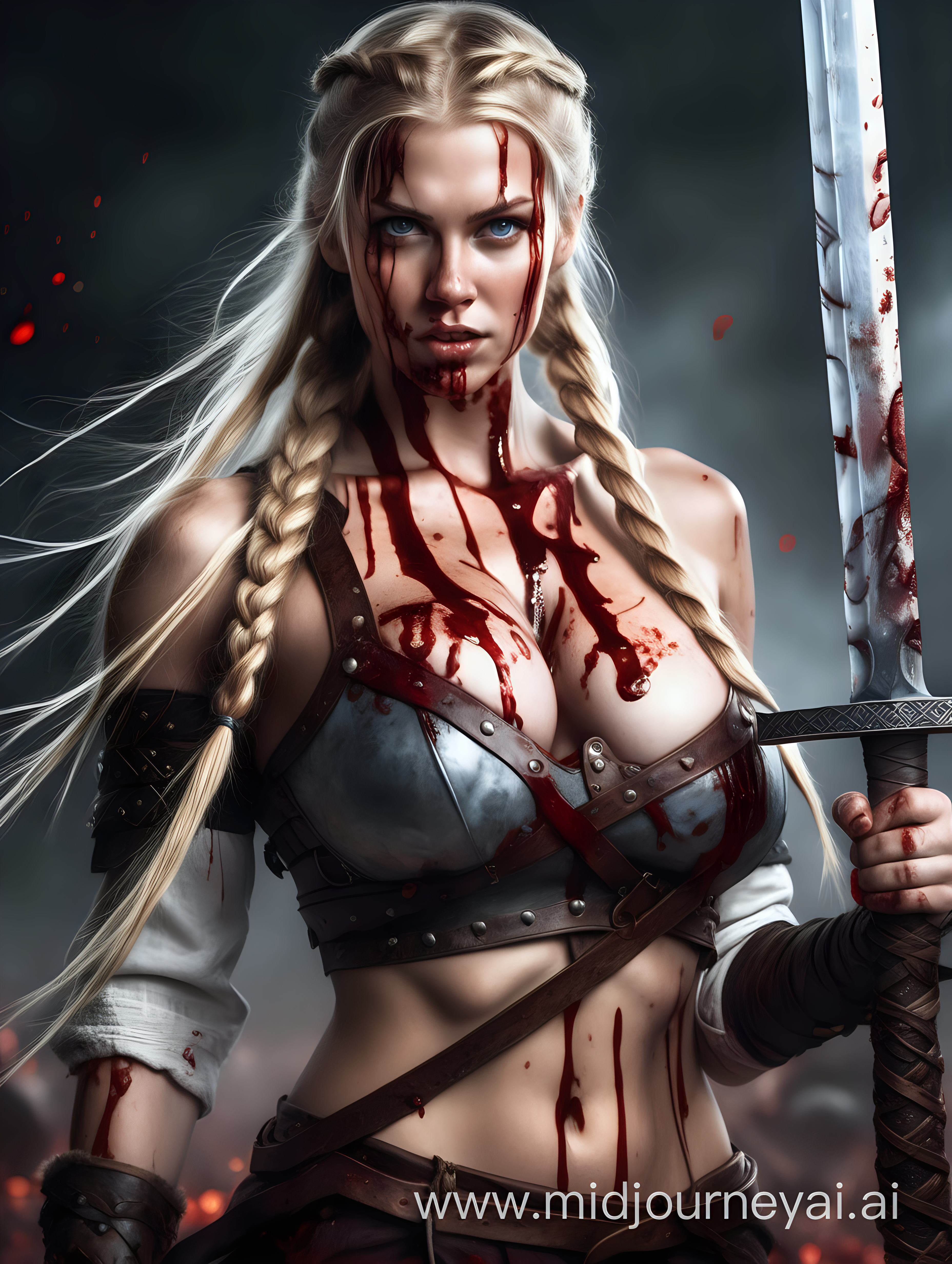 very attractive female Viking warrior with blonde hair in a long braid, beautiful eyes, perfect body, face covered in blood, big breasts, nipping, NSFW, holding a bloody sword, magical glow around sword, battle in the background, hyper realistic, photo realistic detail