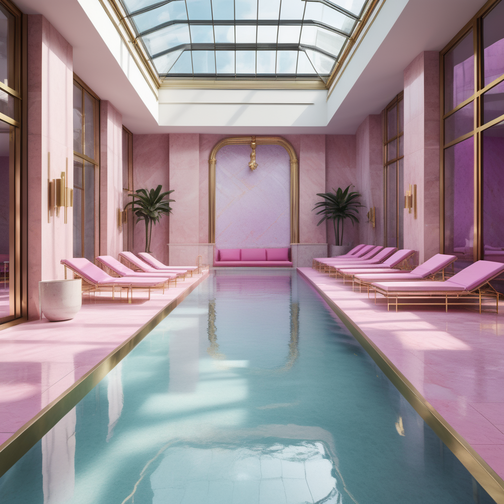 hyperrealistic image of modern Parisian indoor pool sunbeds