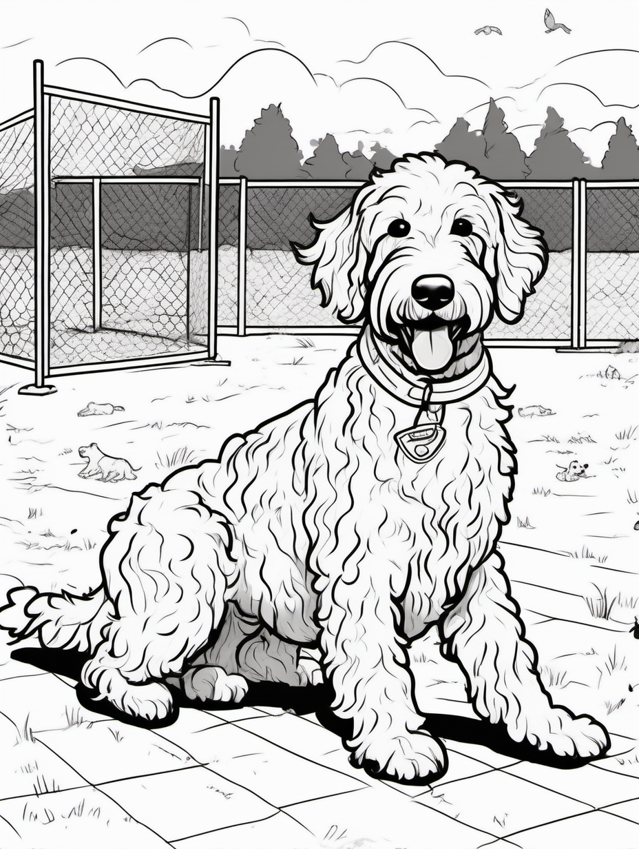 Cute female golden doodle playing with other dogs at a dog park for a coloring book with black lines and white background