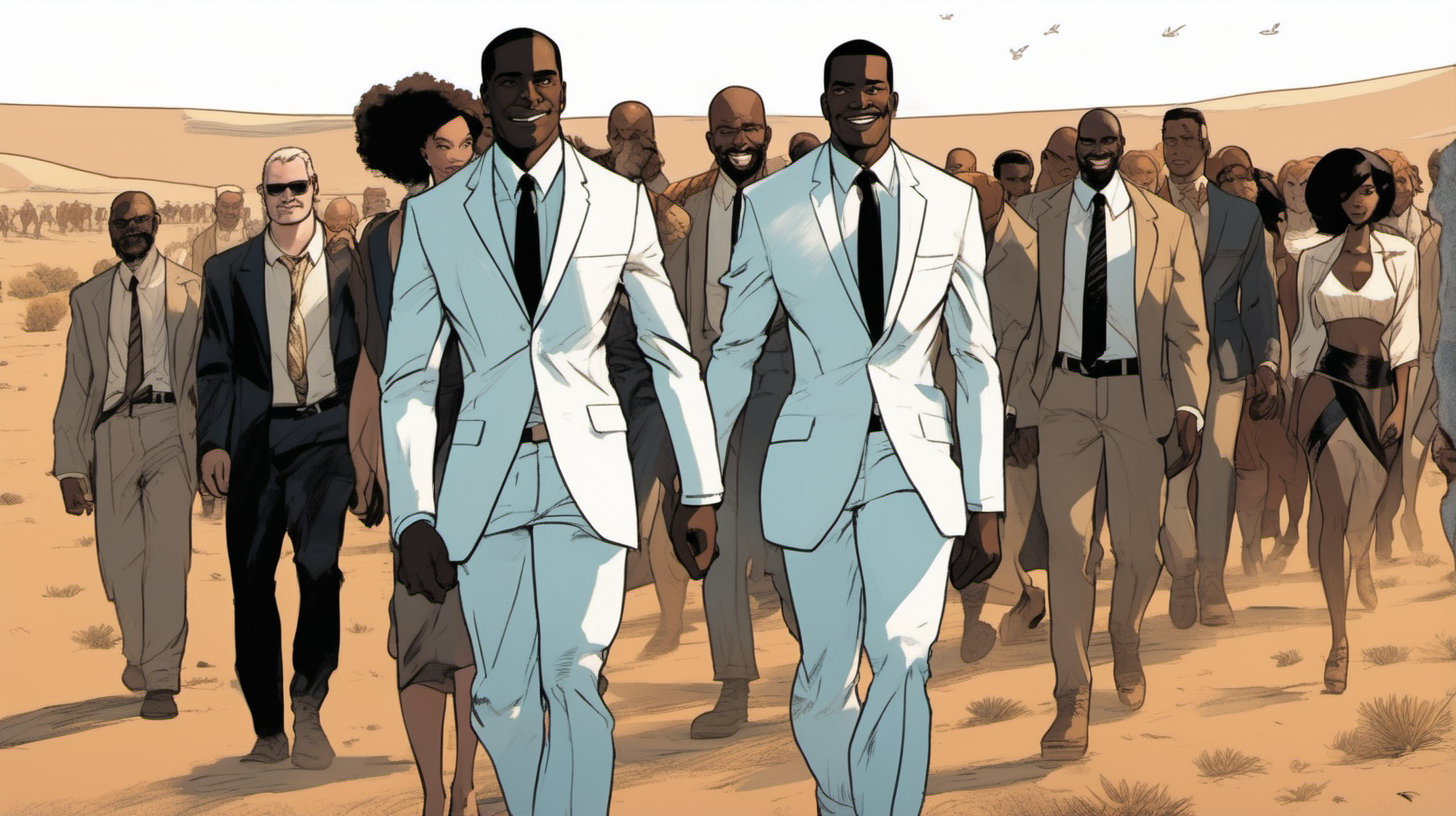 a black man with a smile leading a group of gorgeous and ethereal white and black mixed men & women with earthy skin, walking in a desert with his colleagues, in full American suit, followed by a group of people in the art style of Genndy Tartakovsky comic book drawing, illustration, rule of thirds