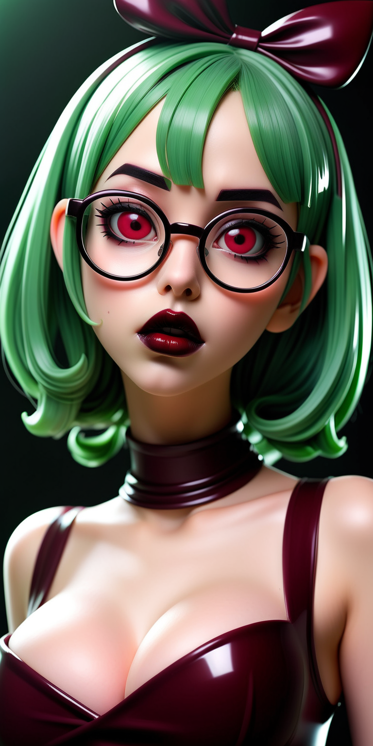 Anime woman, shoulder length green hair, with large lips, wearing dark maroon lipstick, heavy dark makeup, wearing glasses, wearing a shiny red Alice band, vacant expression, wearing a shiny red latex dress, large breasts, tiny waist