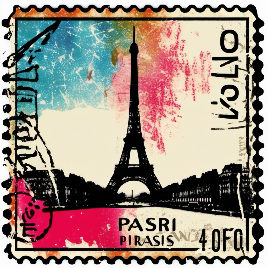 stamp with eifel tower, paris, abstract, colourful, disstressed edges