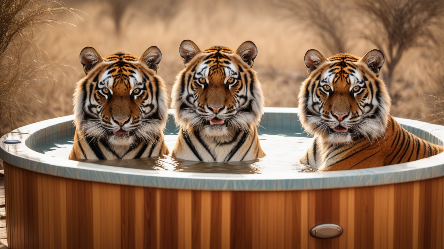 3 tigers in a hot tub in Africa