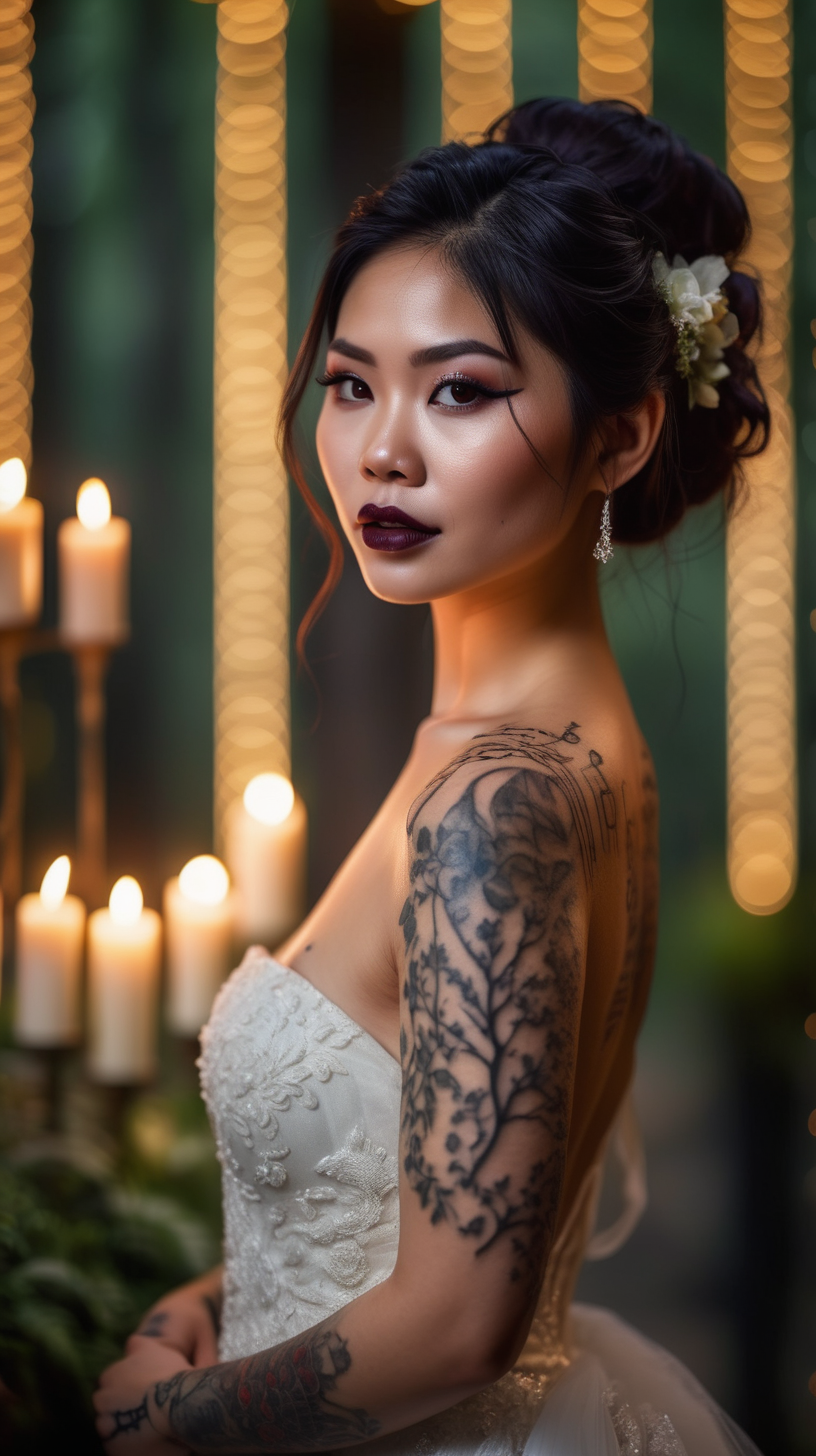 Beautiful Vietnamese woman, body tattoos, dark eye shadow, dark lipstick, hair in a messy updo, wearing a gorgeous wedding dress, bokeh background, soft light on face, stand at a beautiful wedding arch in front of elaborate candlelit forest wedding, photorealistic, very high detail, extra wide photo