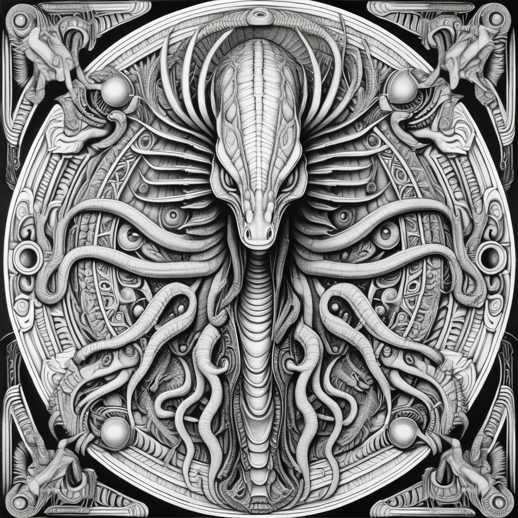 black & white, coloring page, high details, symmetrical mandala, strong lines, Coelophysis with many eyes in style of H.R Giger