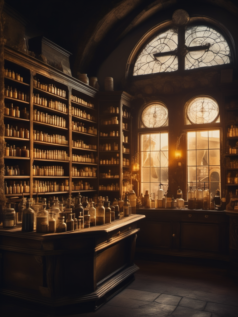 view of old apothecary with alchemy cinematic on front desk film style dreamy dreamcore fantasy golden hour Colors leading lines hour