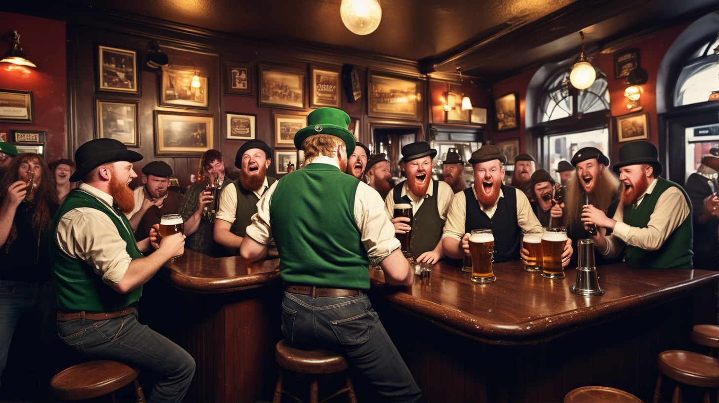classic irish pub scene with rowdy people playing music and drinking beer



