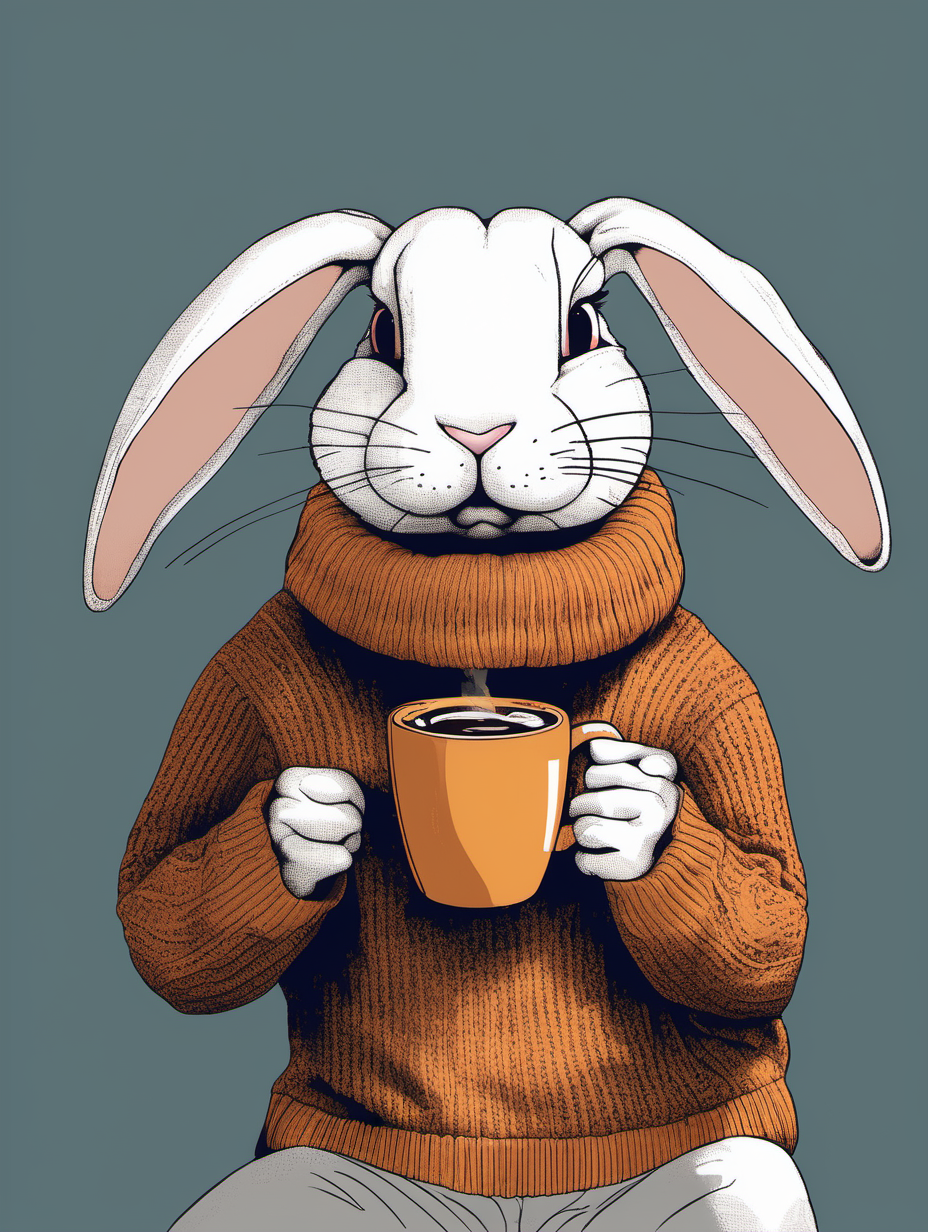 personified bunny wear sweater and drink coffee