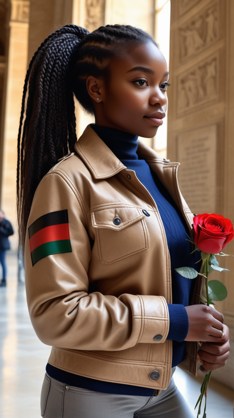 A cute, dark skinned, black woman, wearing a braided ponytail, wearing a beige, three-quarter length, leather safari jacket, wearing an  African flag patch, wearing a grey lambswool, V Neck sweater, wearing tight, Navy Blue Jeggings, standing in the Louvre museum, holding three red, long stemmed, Roses, View is close up, from the waist up, 4k, realism, high definition clarity, brilliant early morning sunshine background