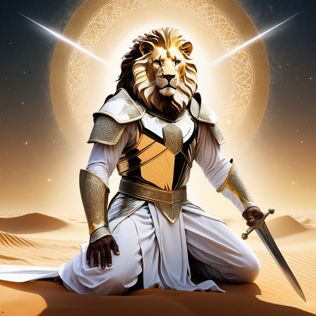 Khalid's Transformation:

A powerful warrior like Khalid ibn al-Walid, clad in gleaming armor, kneeling in prayer amidst a desert landscape, bathed in a celestial light, symbolizing his profound conversion experience.
Two opposing swords, one representing Khalid's past as a Meccan leader, the other symbolizing his acceptance of Islam, interlaced together and gradually merging into a single, radiant blade, representing his transformation.
A stylized image of a lion (Khalid's nickname) shedding its fierce exterior and emerging as a majestic white falcon, soaring towards the heavens, signifying his spiritual awakening and newfound purpose.