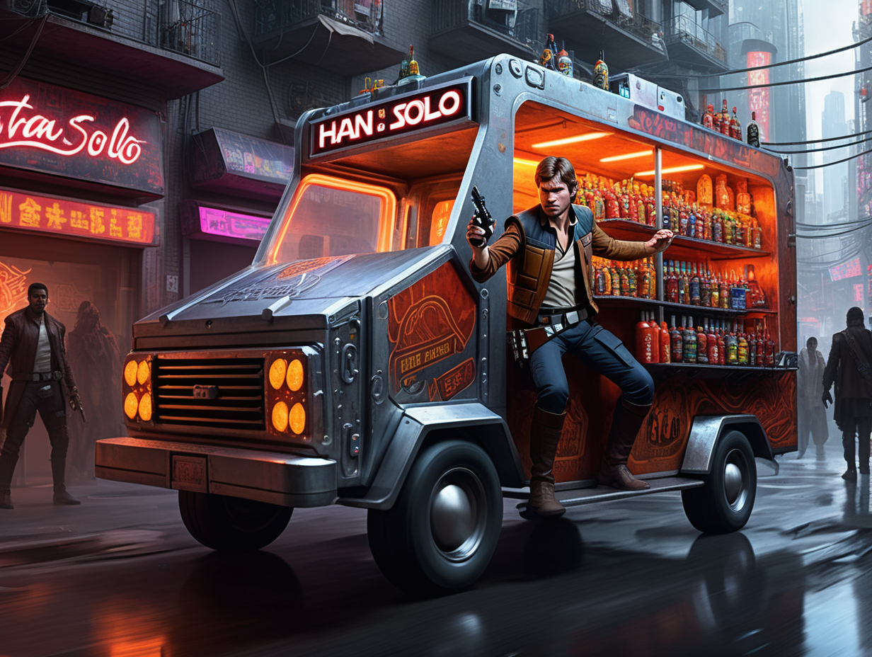 han solo driving hot sauce truck in cyberpunk street