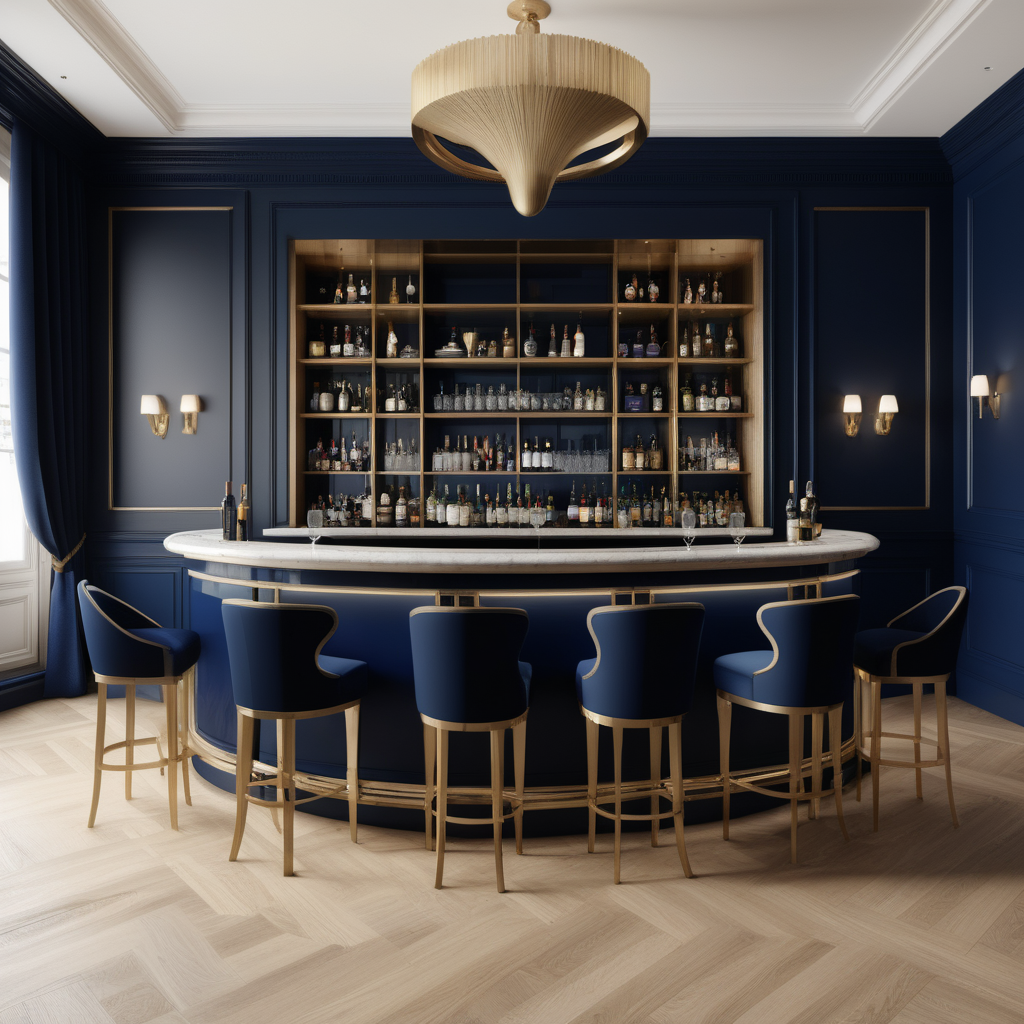 a hyperrealistic image of a palatial Modern Parisian   Bar in a beige oak brass navy blue and black colour palette