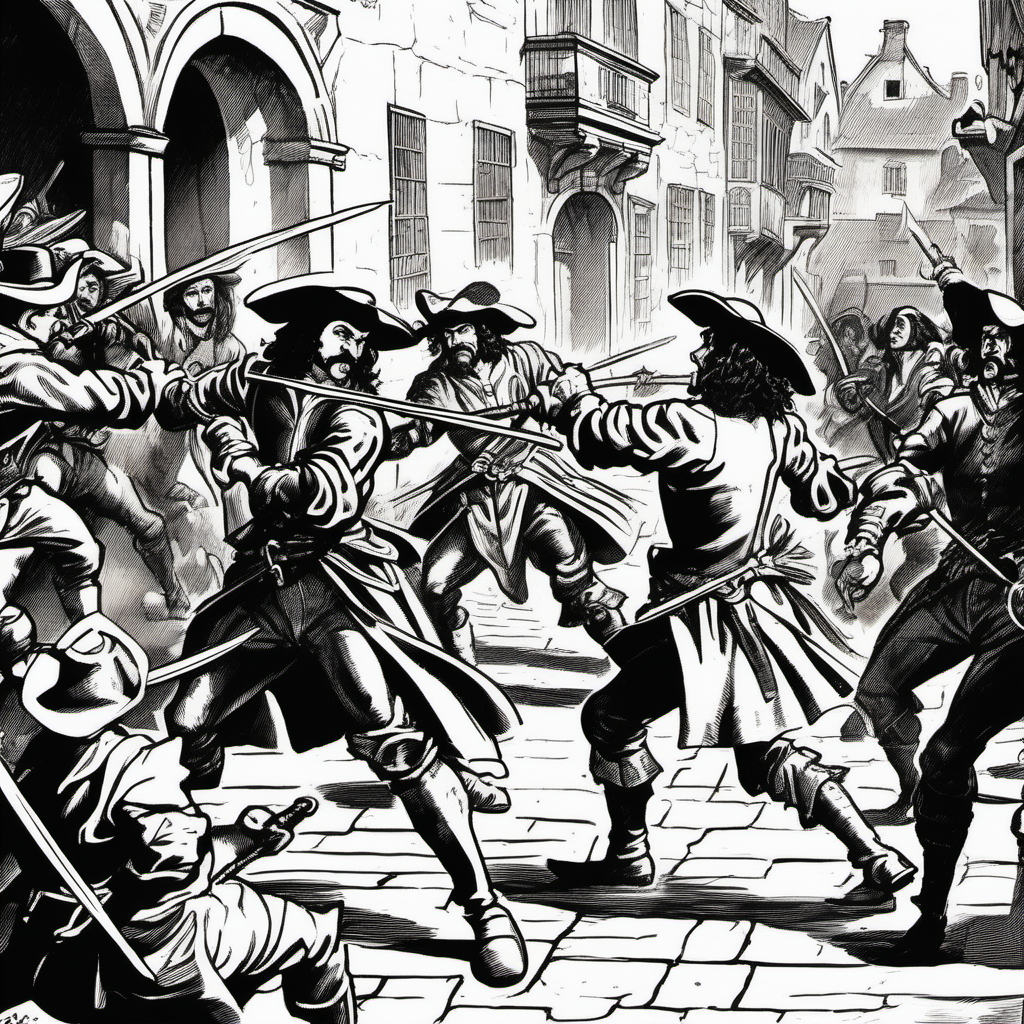 fights between several musketeers on citystreets during 17th