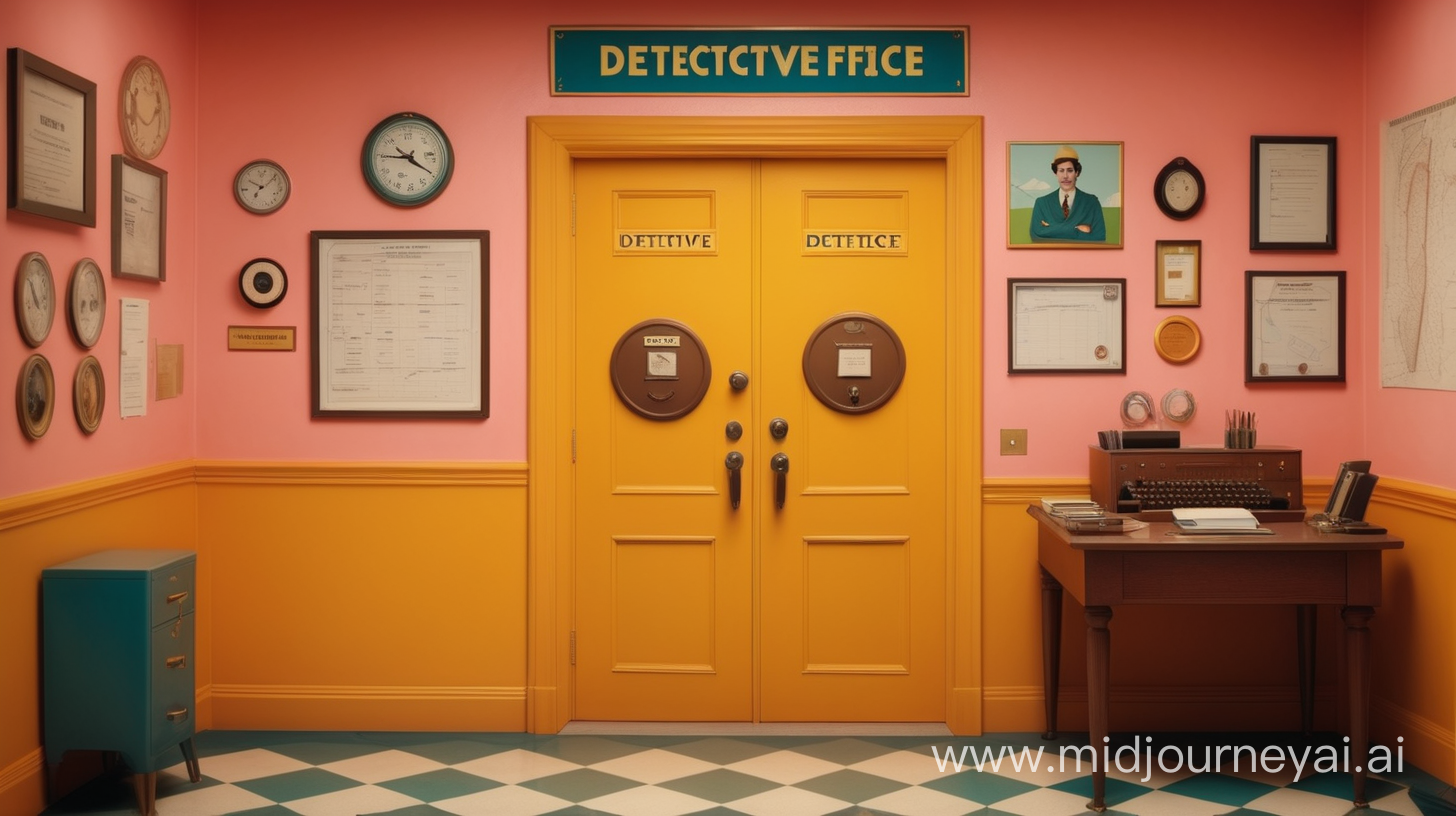 Detective office door in the style of wes anderson