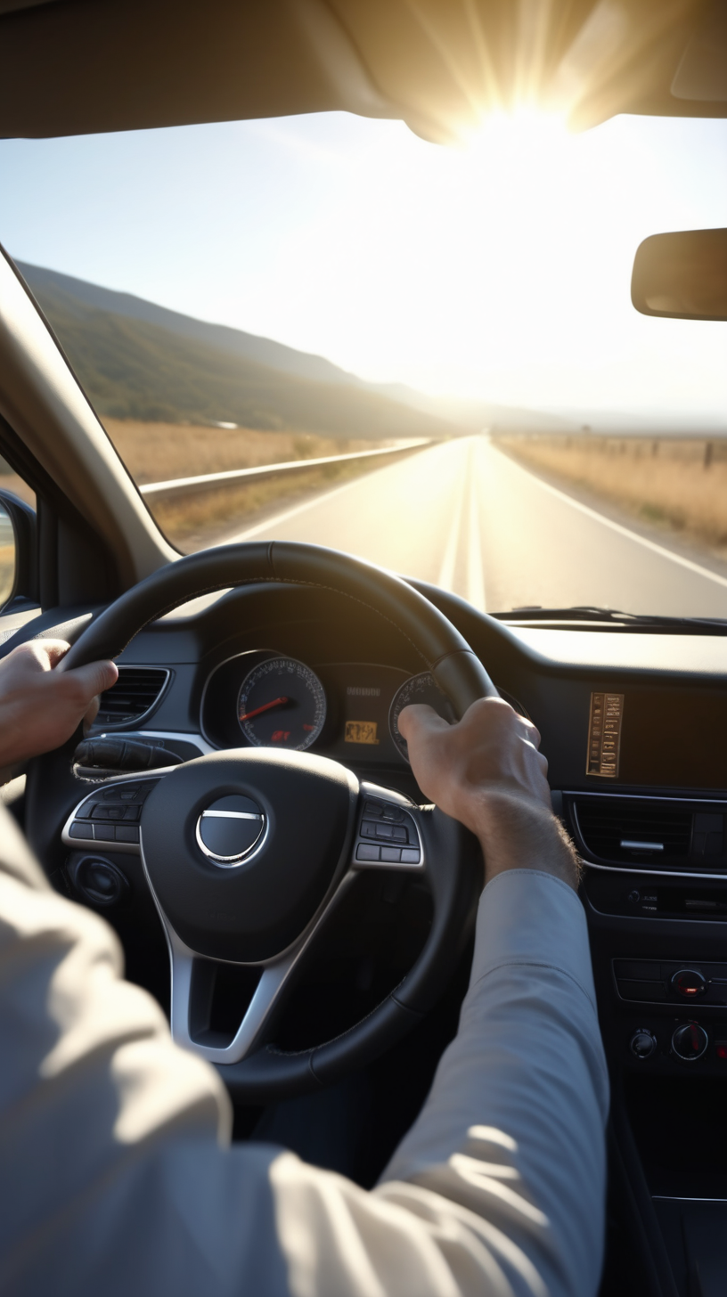 man taking control of his car steering wheel with a long road ahead of him with the sun shining 4k