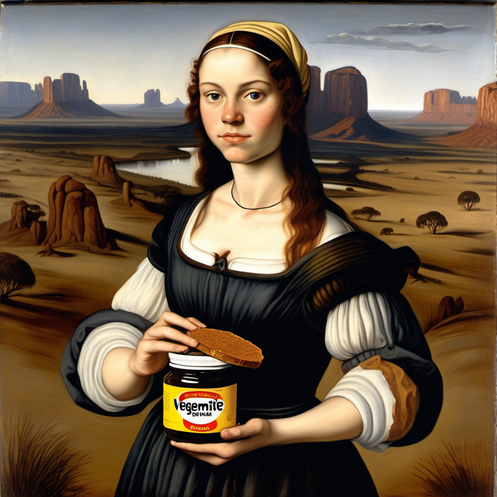 a renaissance painting of a young woman with a round face in the Australian outback holding a jar of vegemite