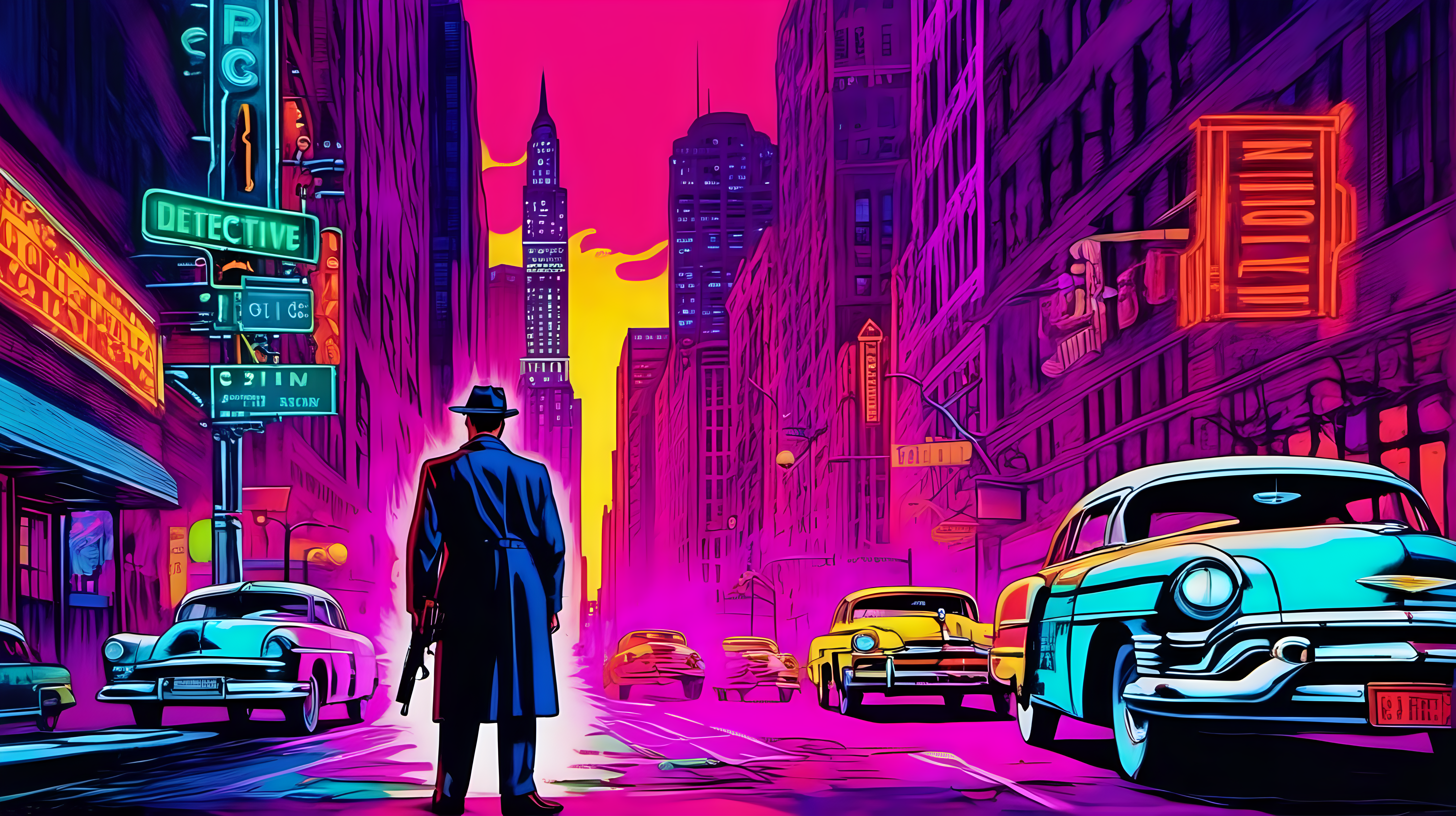 A detective with a rifle staring at the camera in the foreground on a downtown neon Chicago street, circa 1950. Colorful Luminism style.