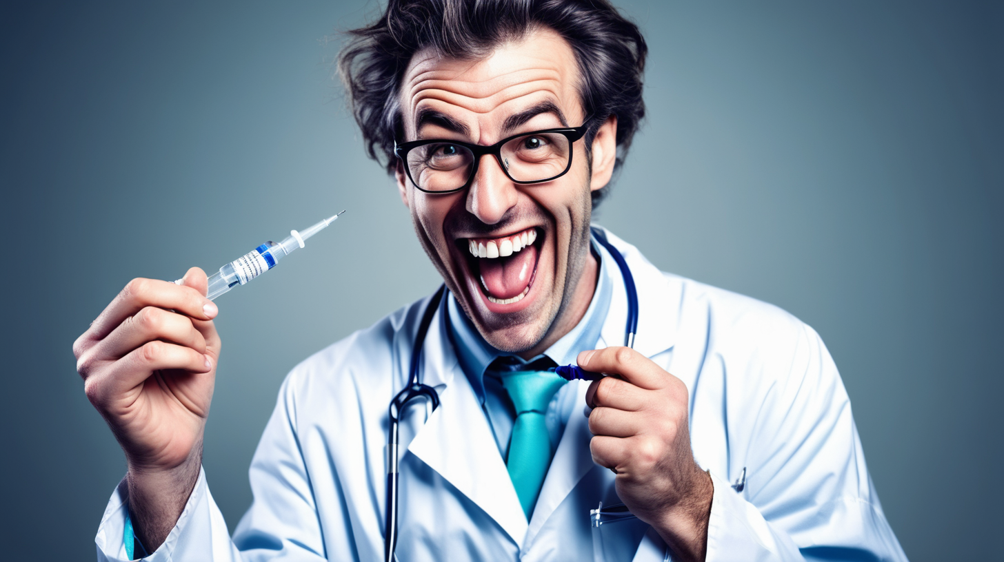crazy doctor laughing holding a syringe