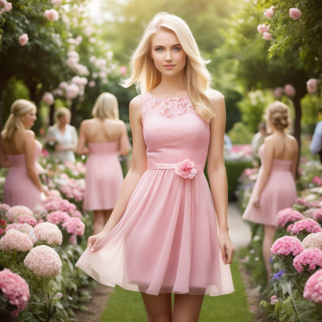 pretty blonde woman, pink short  bridesmaid dress, flower garden, day