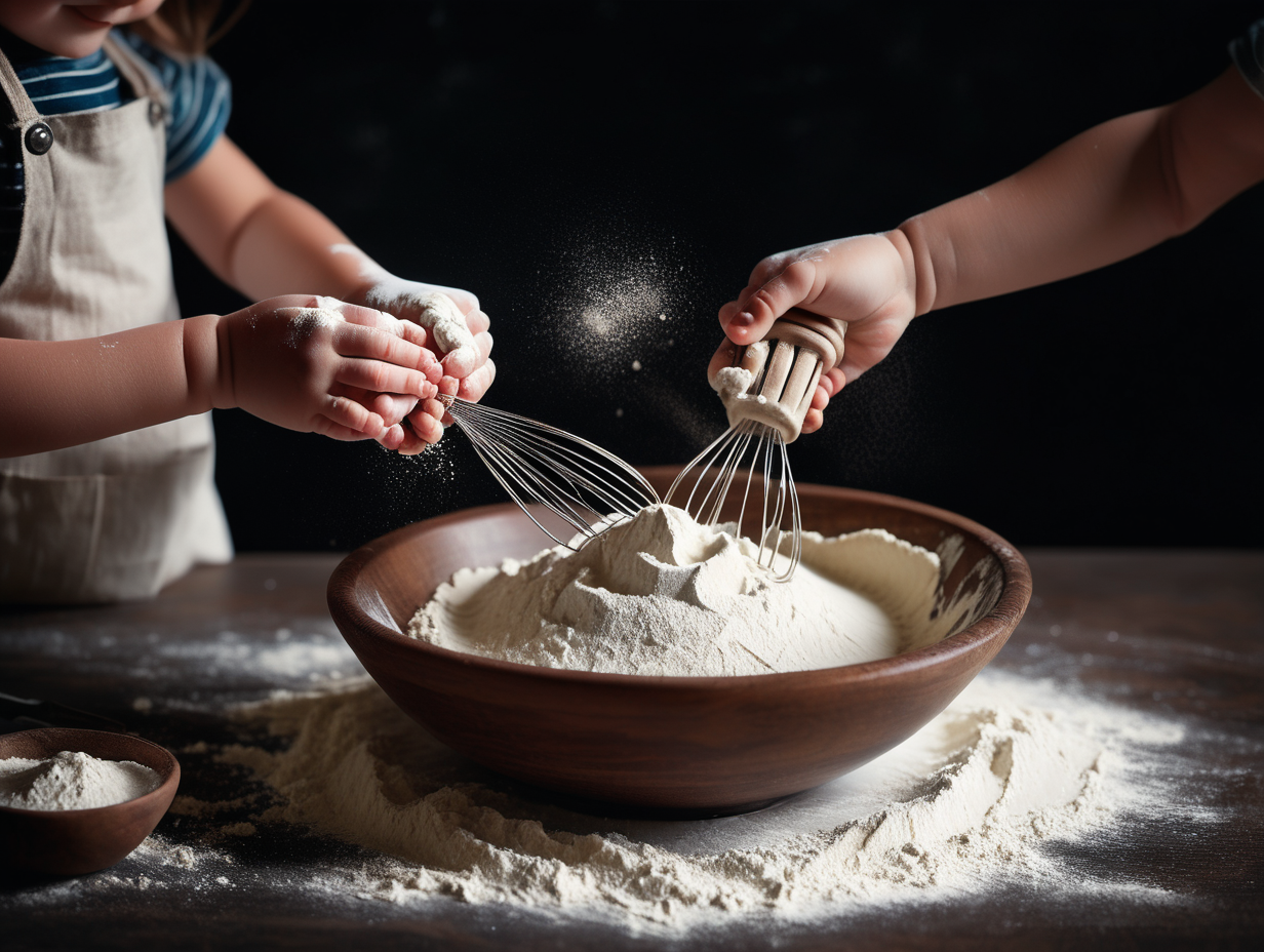 kids hands whisking flour in a bowl. moody, ambient, neutral style. 