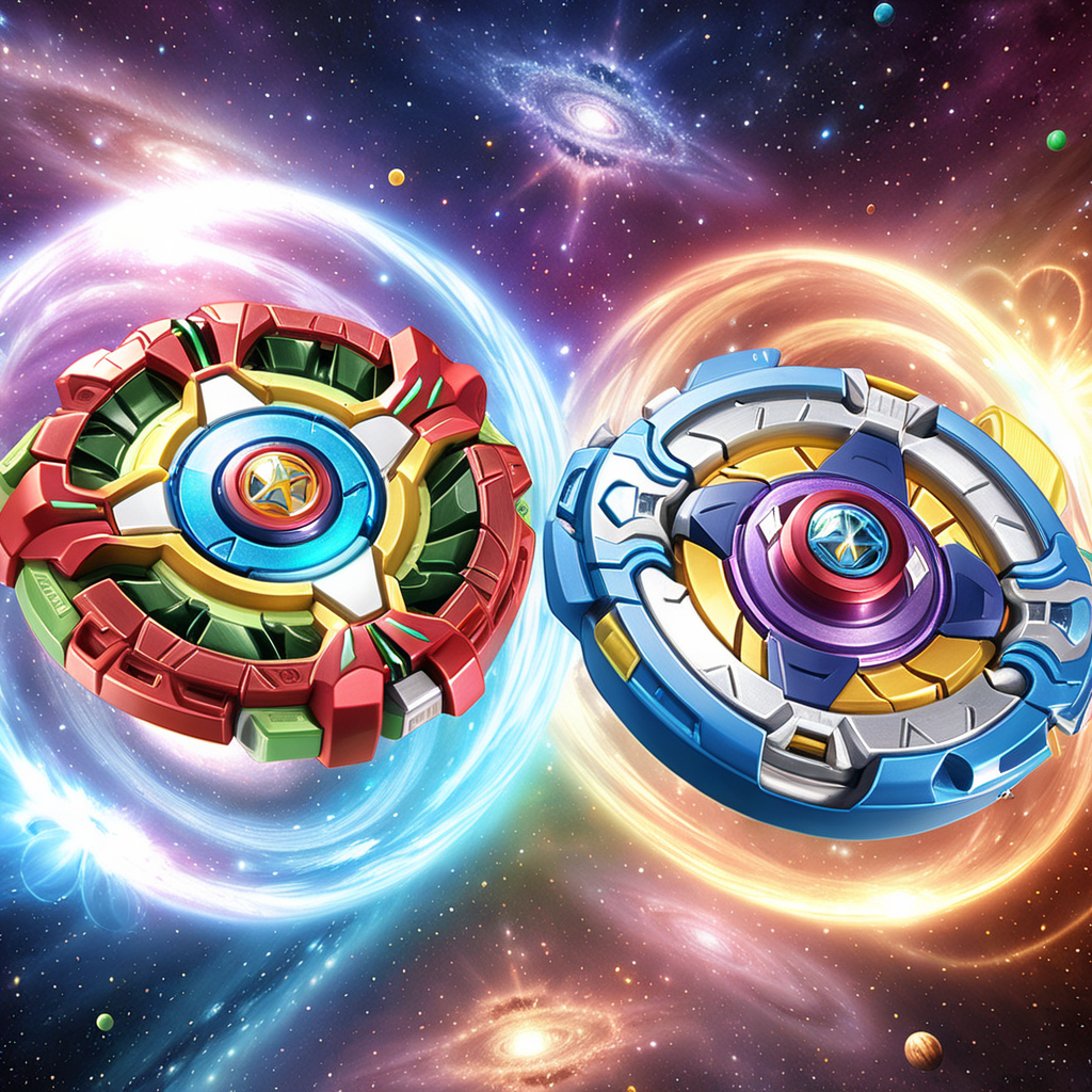 two beyblades flying against each other in a