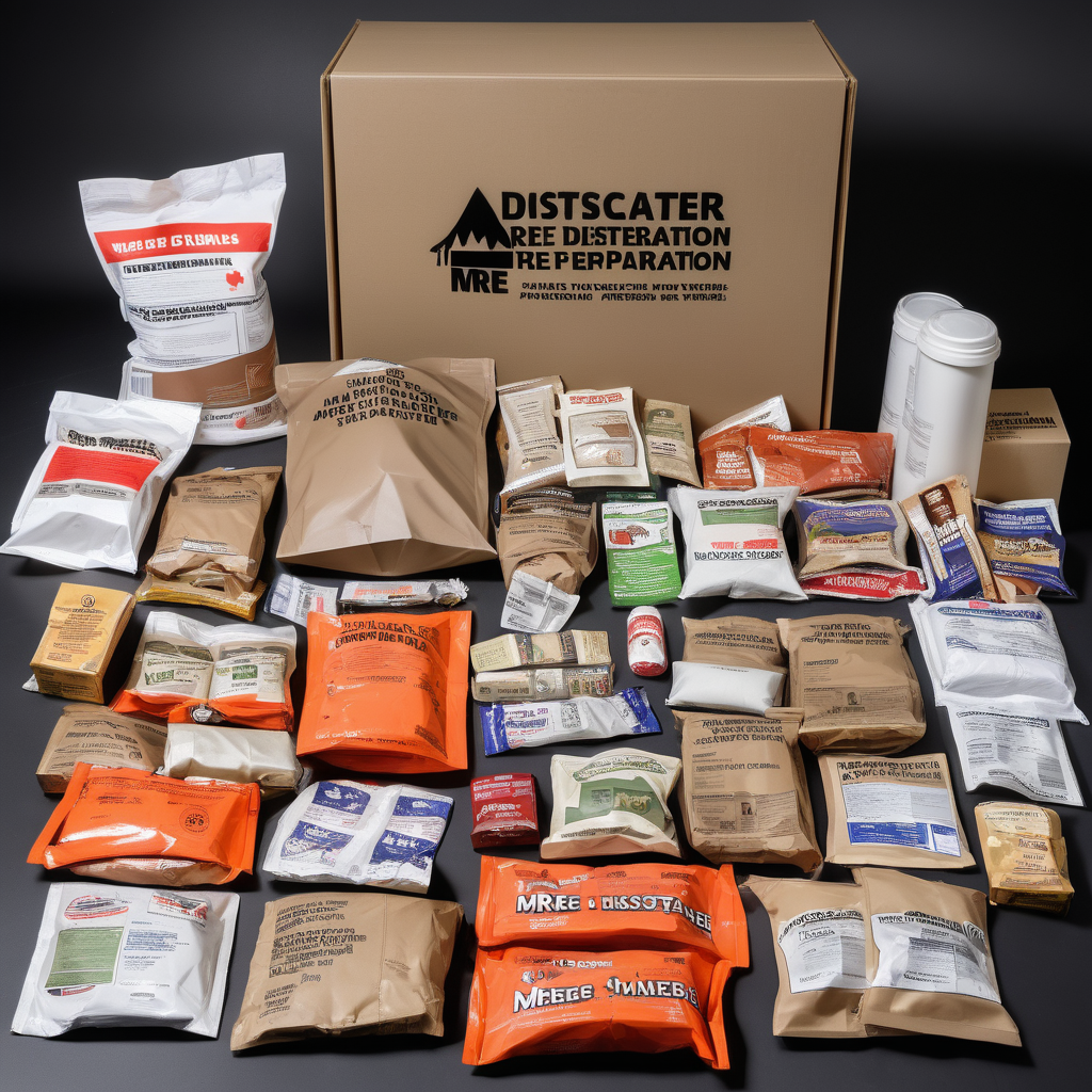MRE Disaster preparation assortment representing items in an