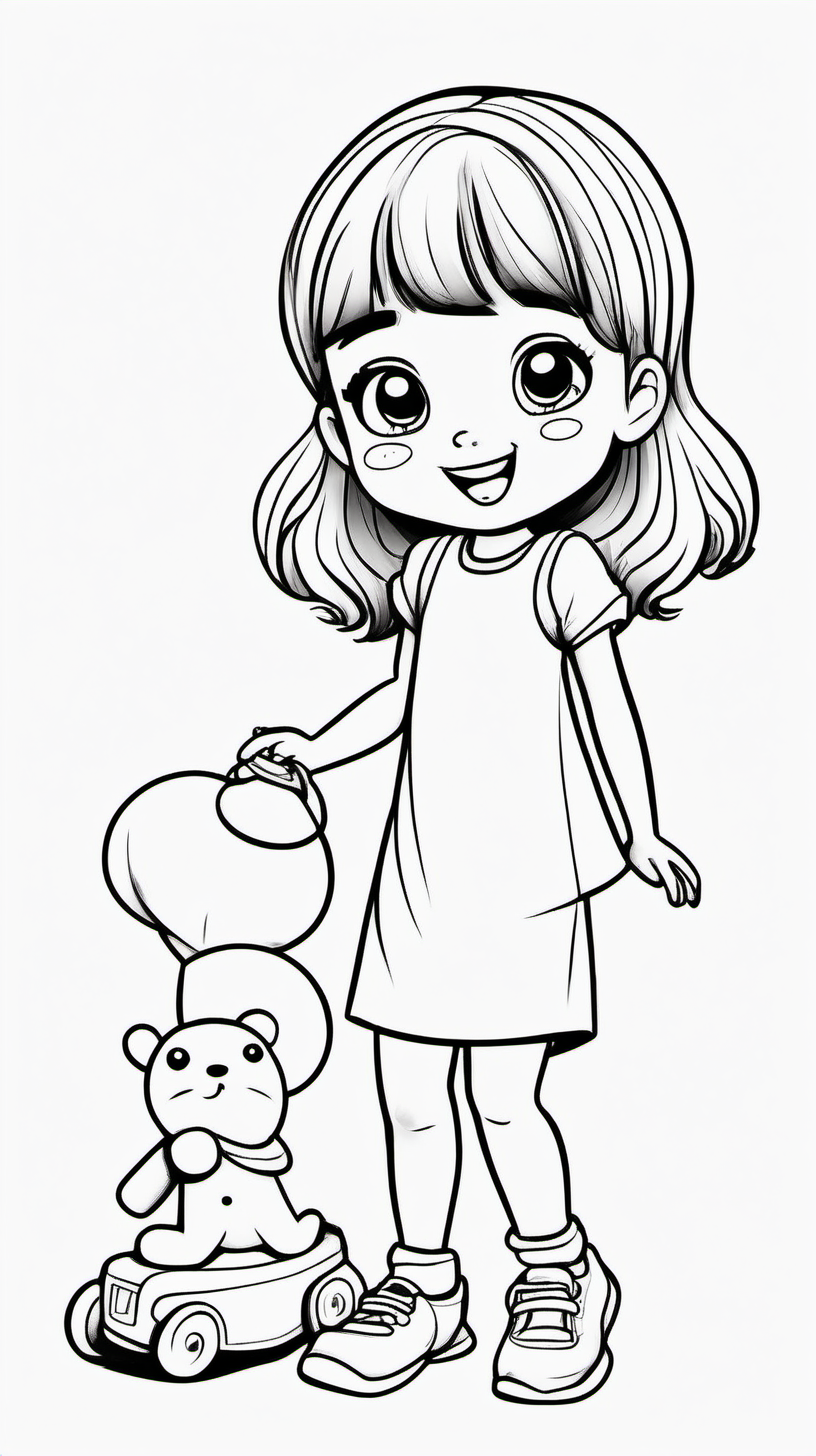 little girl playing with a toy very happy .coloring page for toddlers ,basic ,kawaii style cartoon ,black and white ,ink outlines ,smooth, anime style, minimalist, cute eyes, full body, white  shose  ,sketchbook, reallistic sketch ,free lines ,on paper,character , clean line art high detailed
