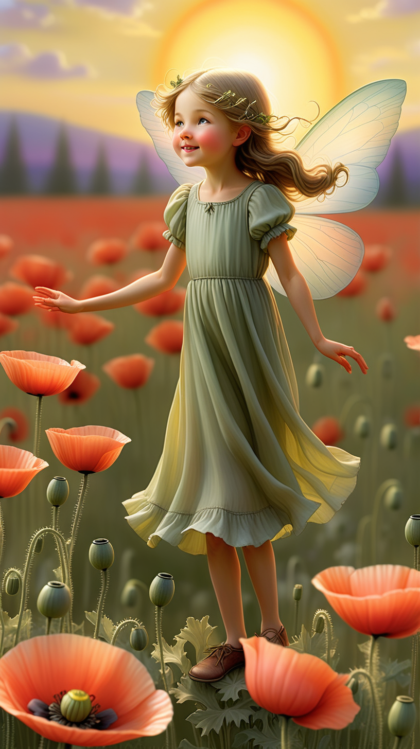 Envision a fairy standing in a poppy field as the sun sets, radiating warmth and vibrant colors, echoing the captivating spirit of Cicely Mary Barker's illustrations.