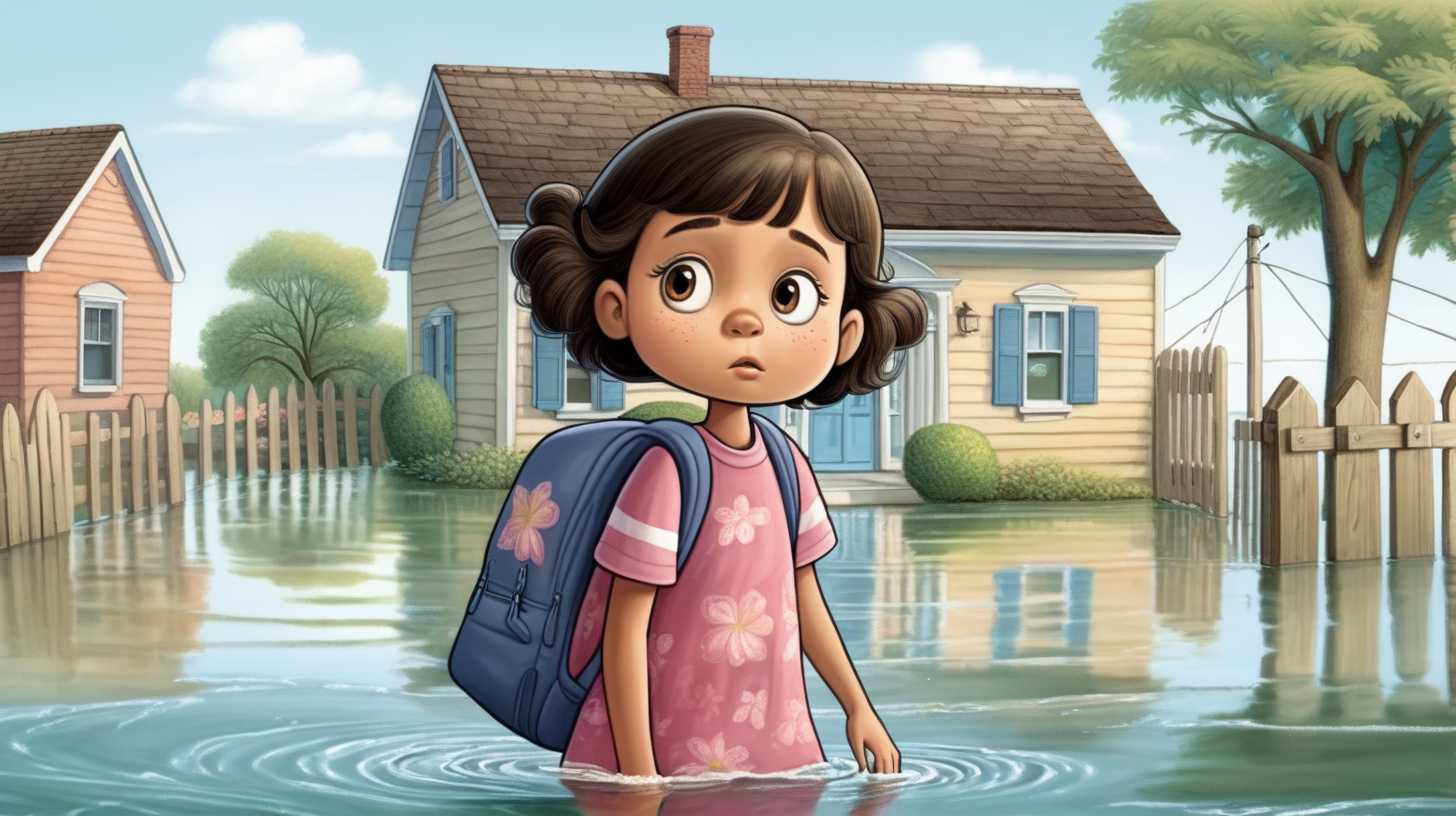 a cartoon young girl named lily sadly leaving her home with her family because the house is flooded with water. Need this picture for the kids story book.