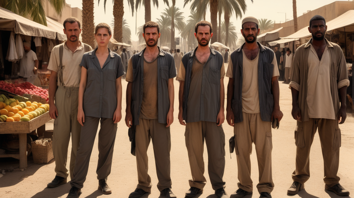 A group of out of work actors from all walks of life, male and female and different ethnicity, looking at camera as a group, sweaty and tired but determined. They appear dressed as undercover CIA agents in civilian clothes of different styles and they are standing in a third world middle eastern country with palm trees and a busy street behind them full of fruit sellers and other working class merchants and peddlers. It's dusk with magic hour sunlight everywhere in this lurid dangerous location