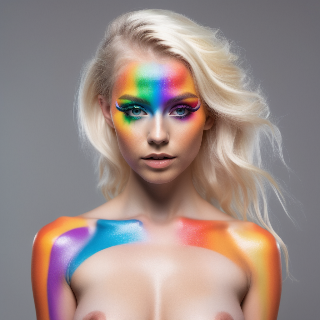 sci-fi blonde girl topless with rainbow makeup