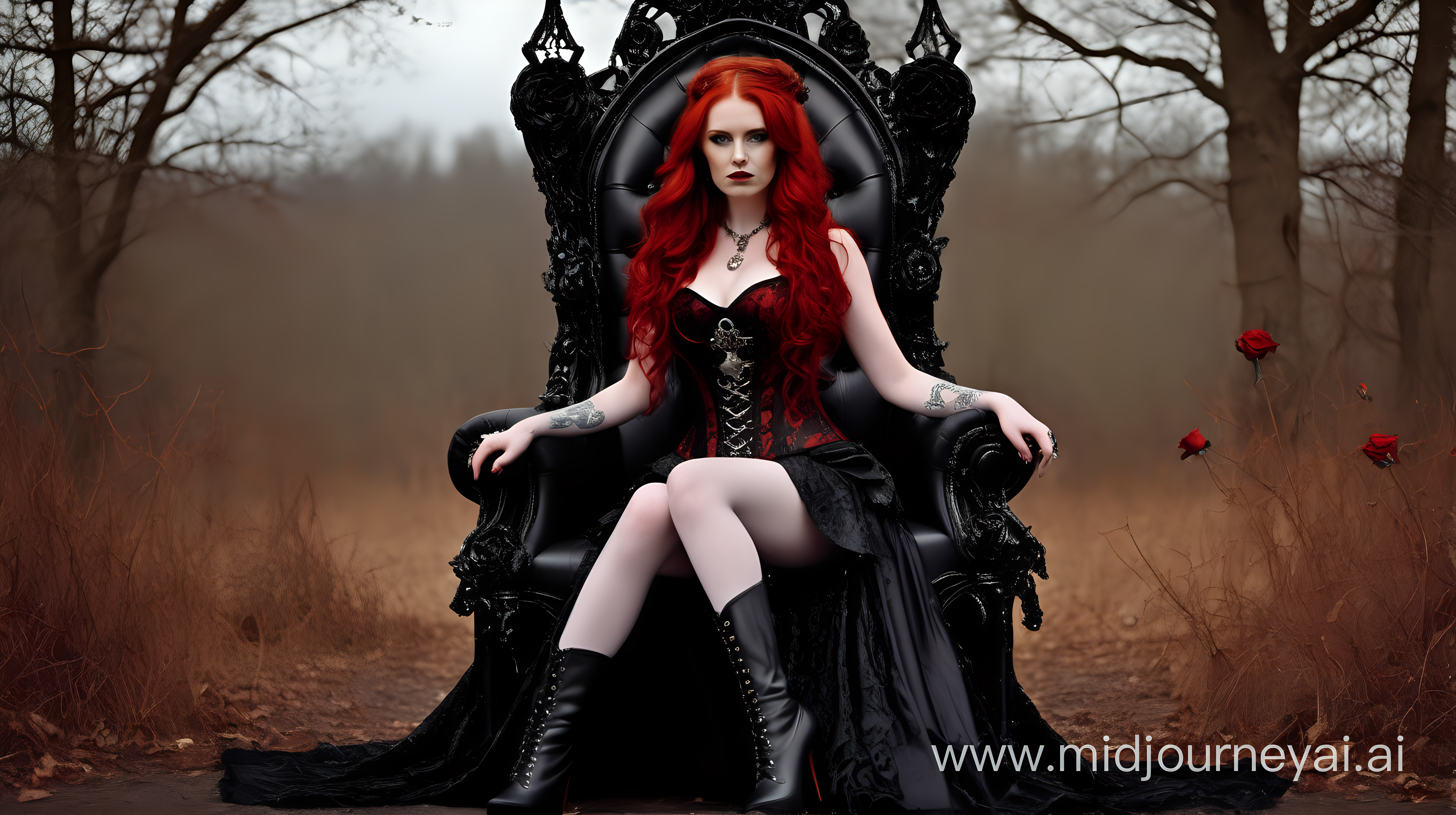 Slr quality 30 year old gothic queen. Red hair long curls. crystals. Fire. Highlands. Throne.  Skulls. Roses. Highlands. Corset Dress high heel boots. 