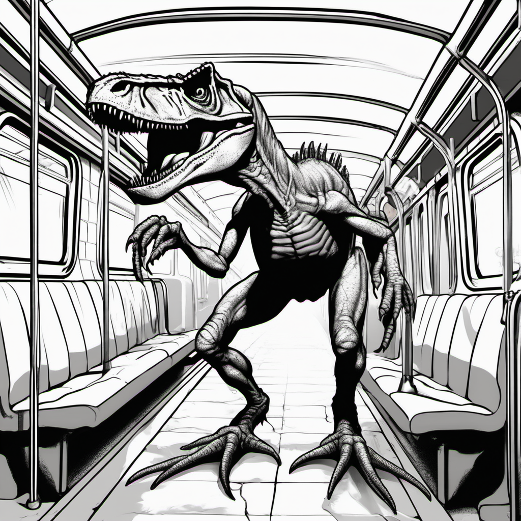 A Tyrannosaurus Rex mixed with a Tarantula spider, in the NYC subway, coloring book pages
