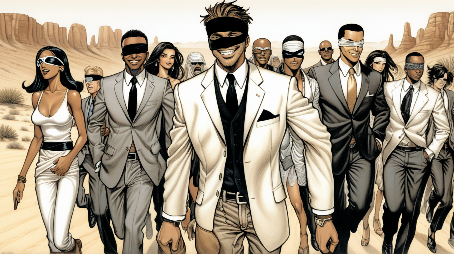 a blindfolded  man with a smile leading a group of gorgeous and ethereal white and black mixed men & women with earthy skin, walking in a desert with his colleagues, in full American suit, followed by a group of people in the art style of butch guice comic book drawing, illustration, rule of thirds